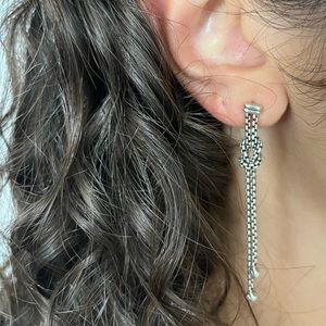 David Yurman Sterling Silver 18K White Gold Box Chain Knot DiamondDrop Earrings